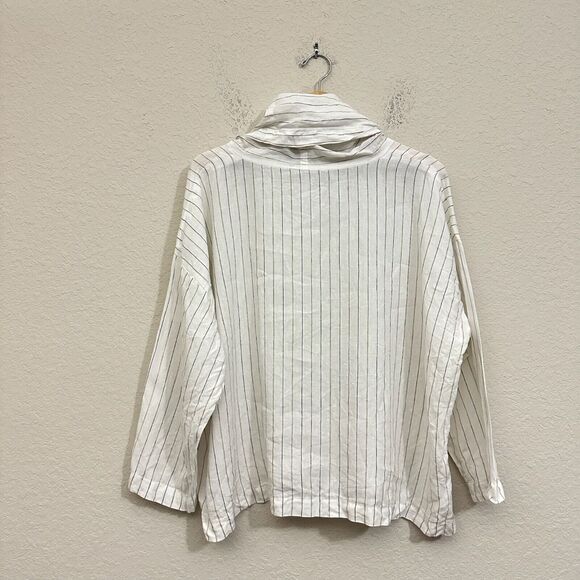 NWOT ESKANDAR White Linen Monk Cowl Neck Top Lagenlook in Stripe Sz 1 (10-12) - Picture 6 of 14